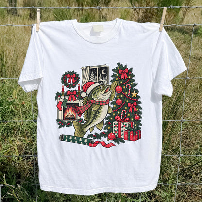Christmas Bass Fishing Fireplace Tree Graphic T-Shirt