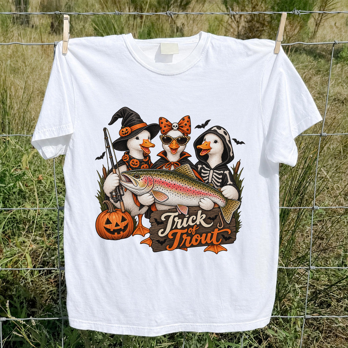 Trick of Trout Halloween Ducks with Rainbow Trout Fishing T-Shirt
