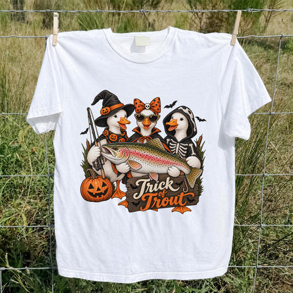 Trick of Trout Halloween Ducks with Rainbow Trout Fishing T-Shirt
