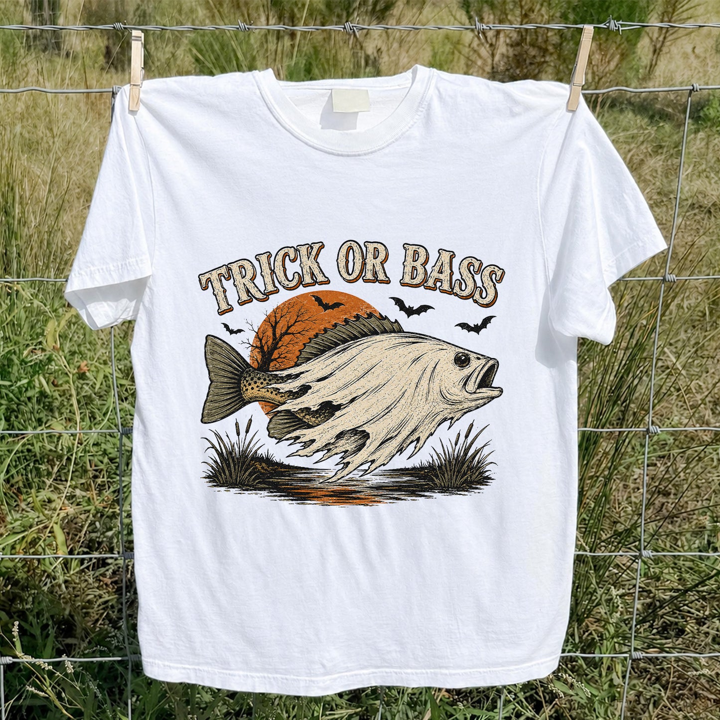 Trick or Bass Halloween Fishing T-Shirt, Vintage Trout Angler Tee