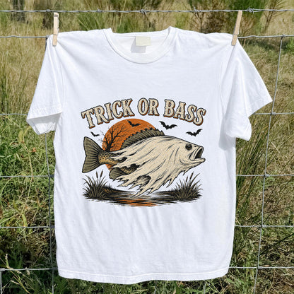 Trick or Bass Halloween Fishing T-Shirt, Vintage Trout Angler Tee