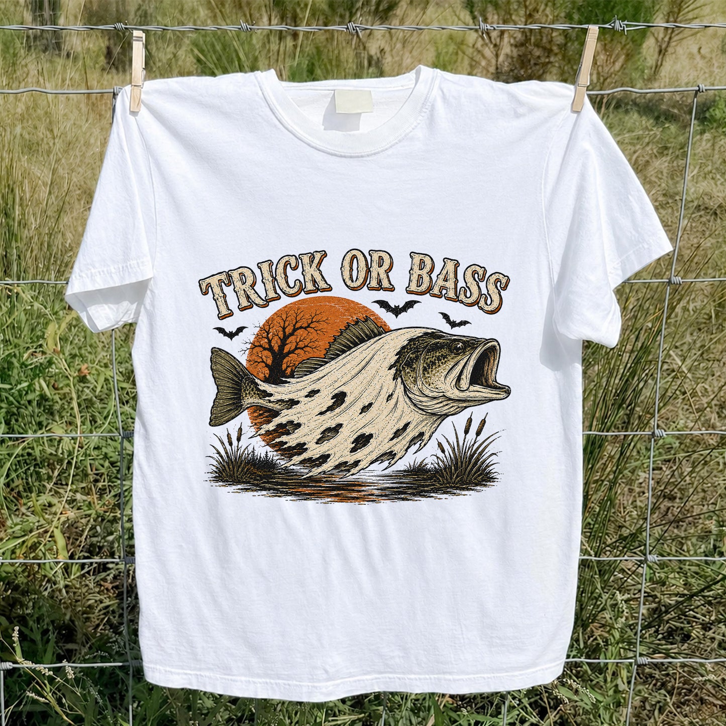 Trick or Bass Boo Halloween Fishing T-Shirt, Vintage Trout Angler Tee