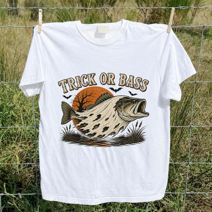 Trick or Bass Boo Halloween Fishing T-Shirt, Vintage Trout Angler Tee
