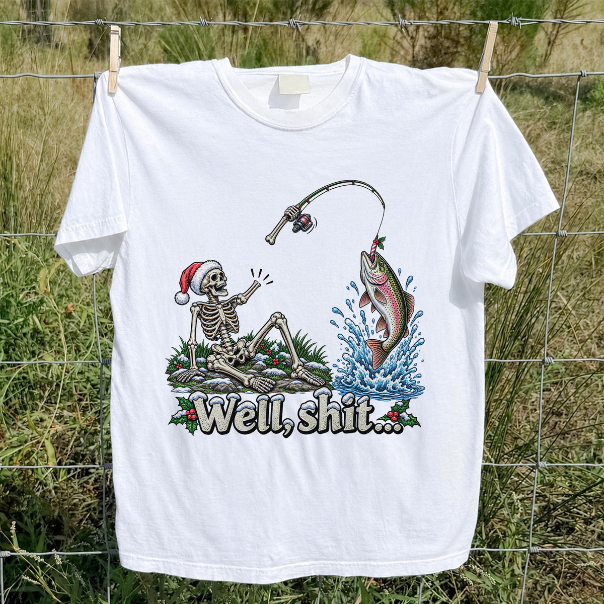 Well, Shit... Skeleton and Leaping Rainbow Trout Christmas Fishing T-Shirt