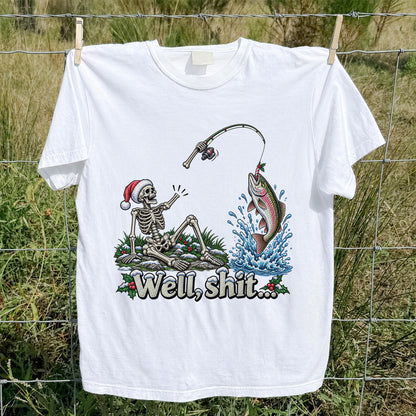 Well, Shit... Skeleton and Leaping Rainbow Trout Christmas Fishing T-Shirt
