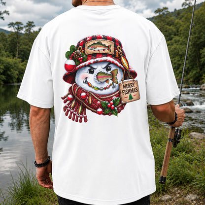 Merry Fishmas Snowman with Rainbow Trout Christmas Fishing T-Shirt | Back Print
