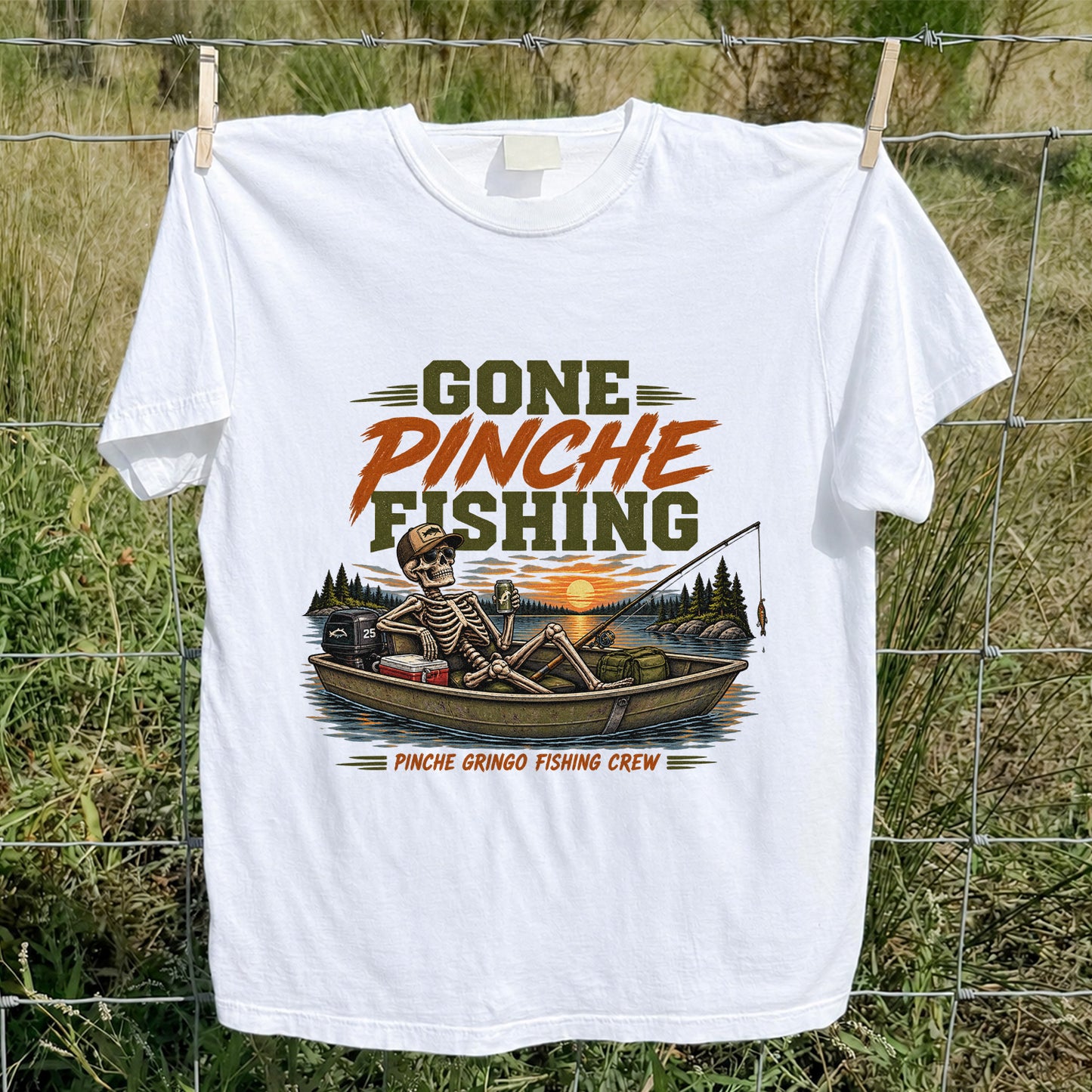 Gone Pinche Fishing Crew Skeleton in a Fishing Boat Graphic T-Shirt