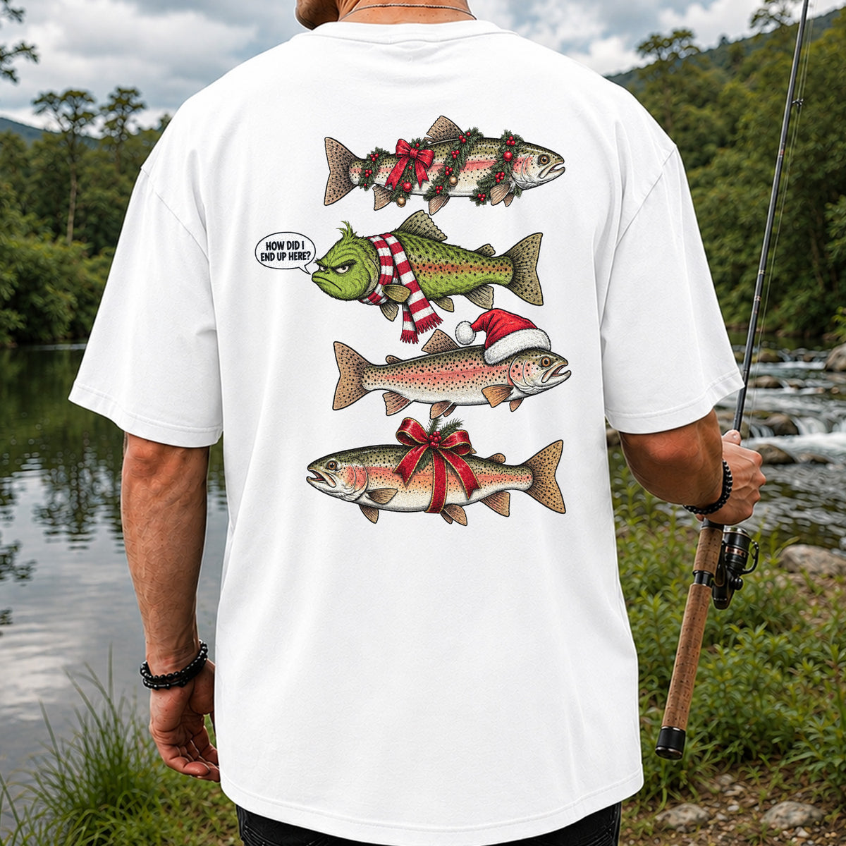 Christmas Trout Fishing Holiday Graphic T-Shirt | Back Print