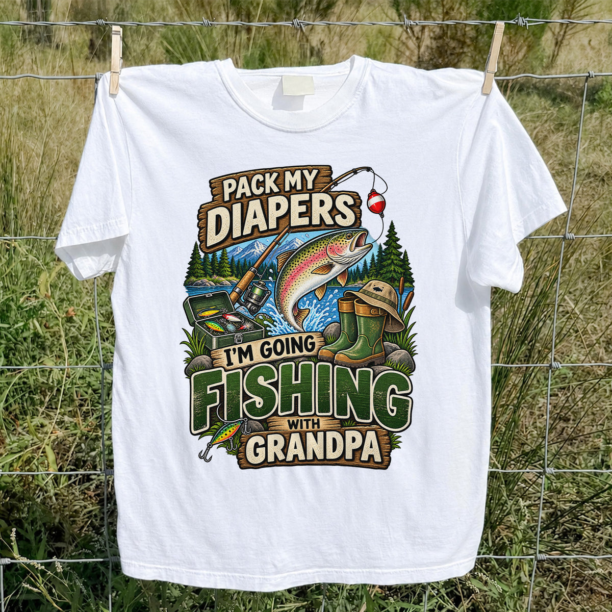 Pack My Diapers I'm Going Fishing With Grandpa Rainbow Trout T-Shirt
