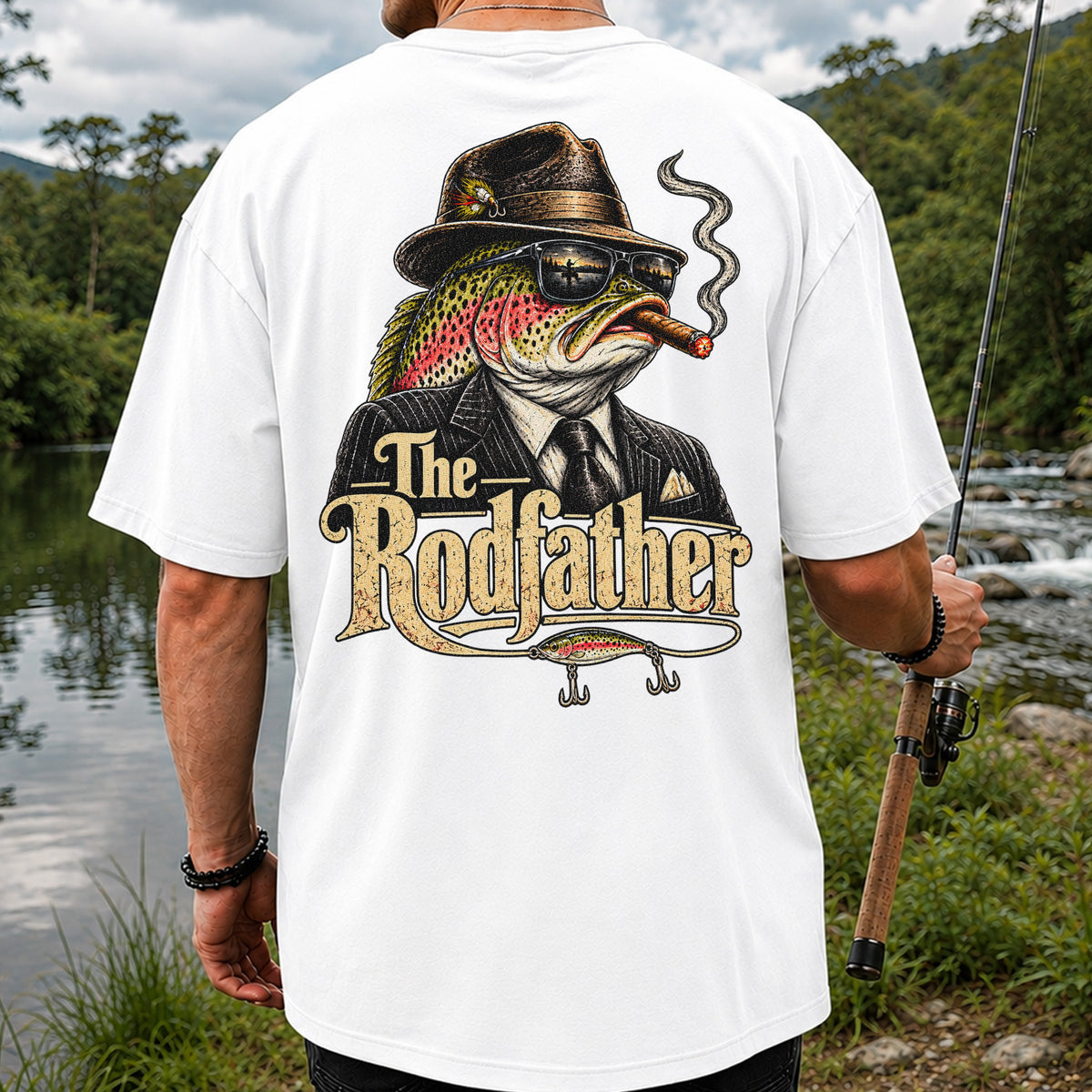 The Rodfather Rainbow Trout Gangster Funny Fishing T-Shirt | Back Print
