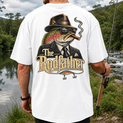 The Rodfather Rainbow Trout Gangster Funny Fishing T-Shirt | Back Print