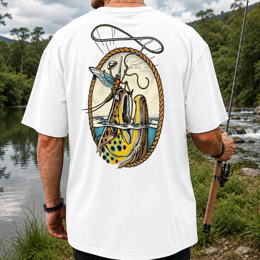 Cowboy Mayfly Riding a Trout Western Fly Fishing Graphic T-Shirt | Back Print