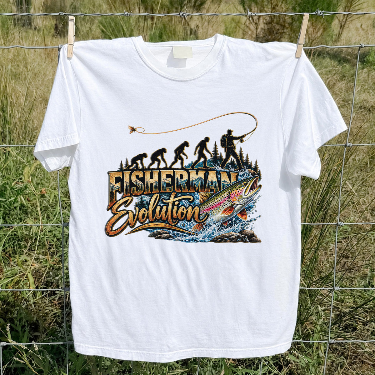 Fisherman Evolution Rainbow Trout Fly Fishing Graphic T-Shirt