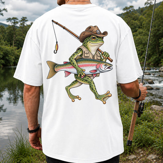 Cowboy Frog Holding Rainbow Trout Fishing Graphic T-Shirt | Back Print