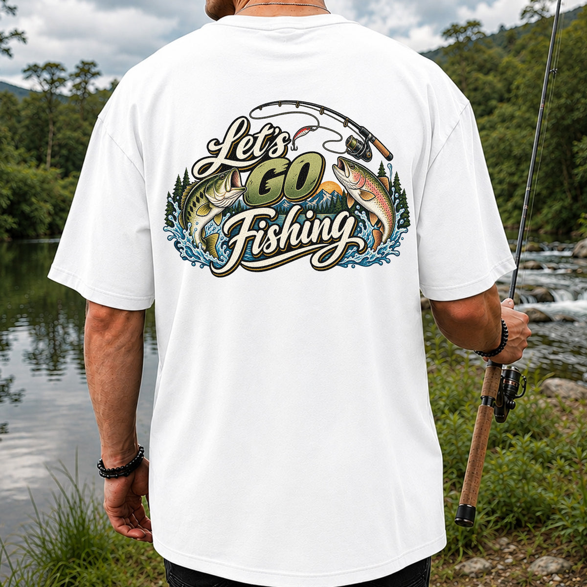 Let's Go Fishing Bass and Rainbow Trout Graphic T-Shirt | Back Print