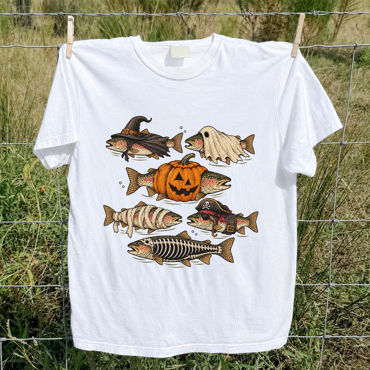 Rainbow Trout Halloween Costumes Witch Ghost Pumpkin Mummy Pirate Skeleton Fishing T-Shirt