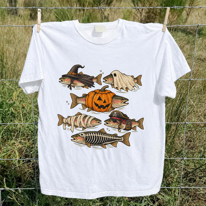Rainbow Trout Halloween Costumes Witch Ghost Pumpkin Mummy Pirate Skeleton Fishing T-Shirt