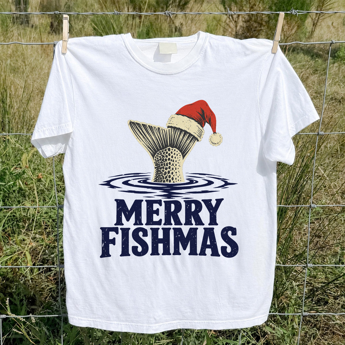 Merry Fishmas Santa Hat Trout Fishing Graphic T-Shirt