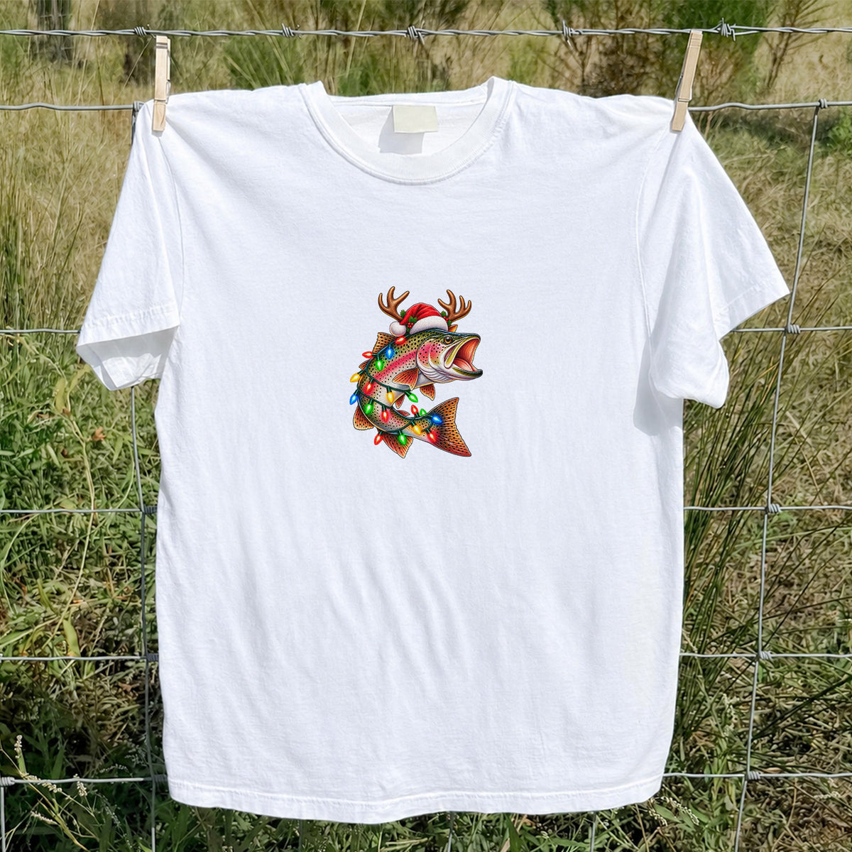Christmas Rainbow Trout with Santa Hat, Antlers and Holiday Lights Fishing T-Shirt