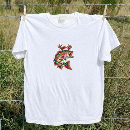 Christmas Rainbow Trout with Santa Hat, Antlers and Holiday Lights Fishing T-Shirt