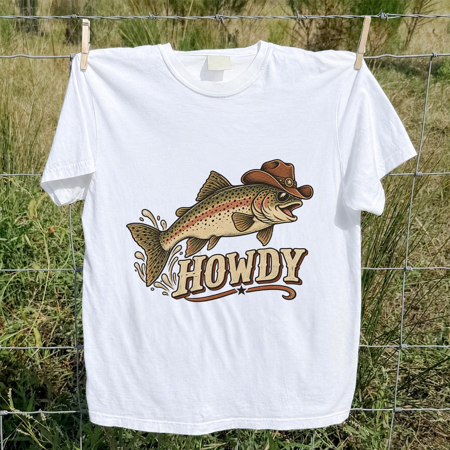 Howdy Cowboy Trout Vintage Fishing Graphic T-Shirt