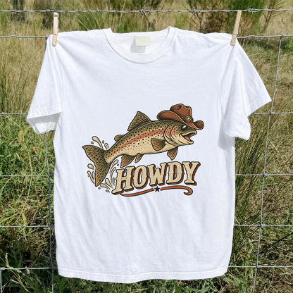 Howdy Cowboy Trout Vintage Fishing Graphic T-Shirt
