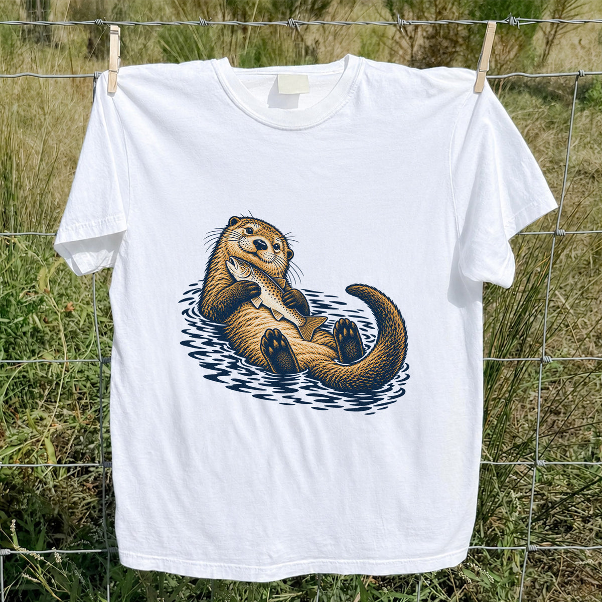Cute Otter Holding Fish Hand Drawn Fishing Graphic T-Shirt