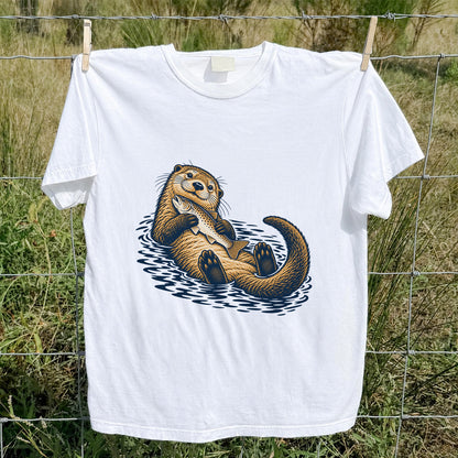 Cute Otter Holding Fish Hand Drawn Fishing Graphic T-Shirt