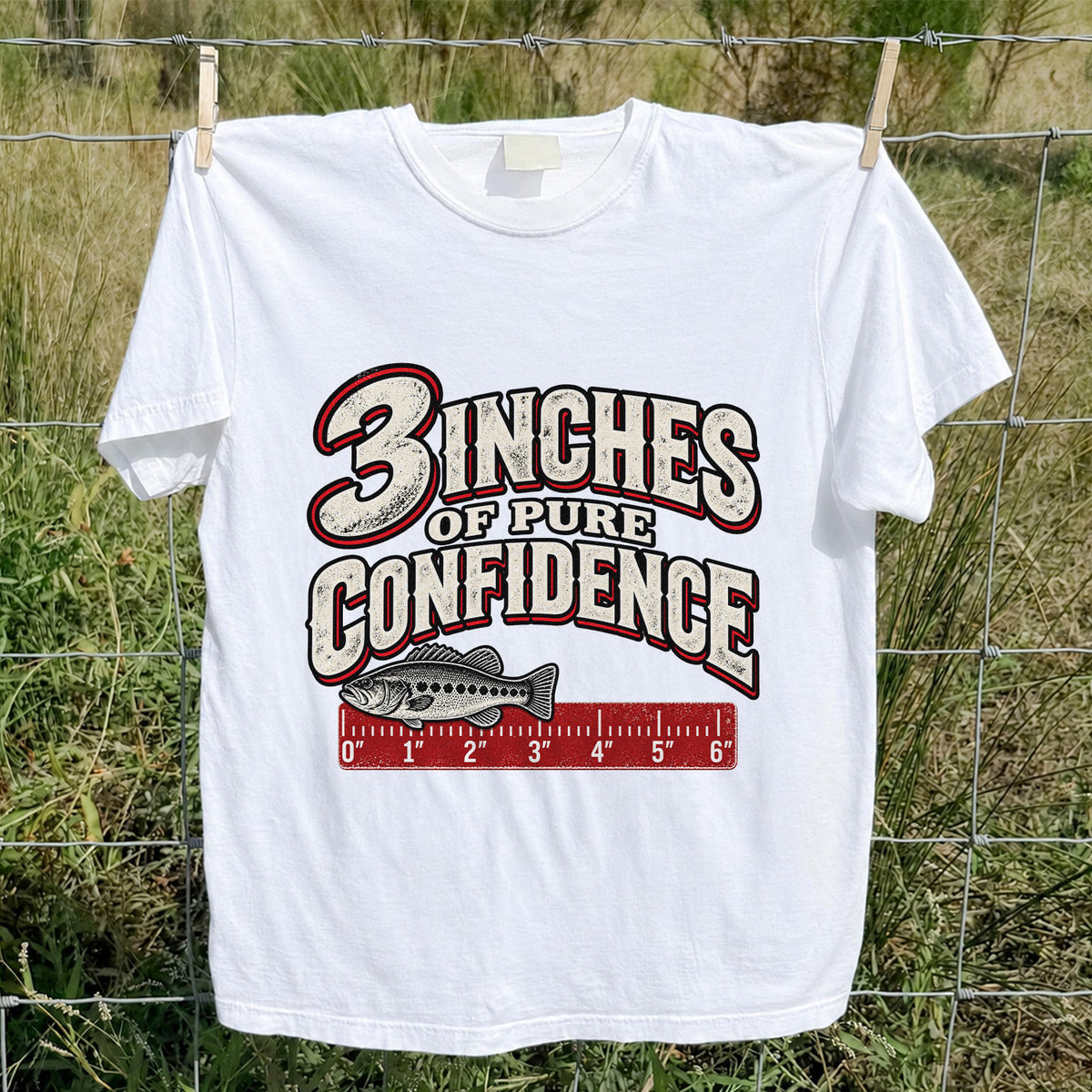 3 Inches of Pure Confidence Bass and Ruler Funny Fishing T-Shirt