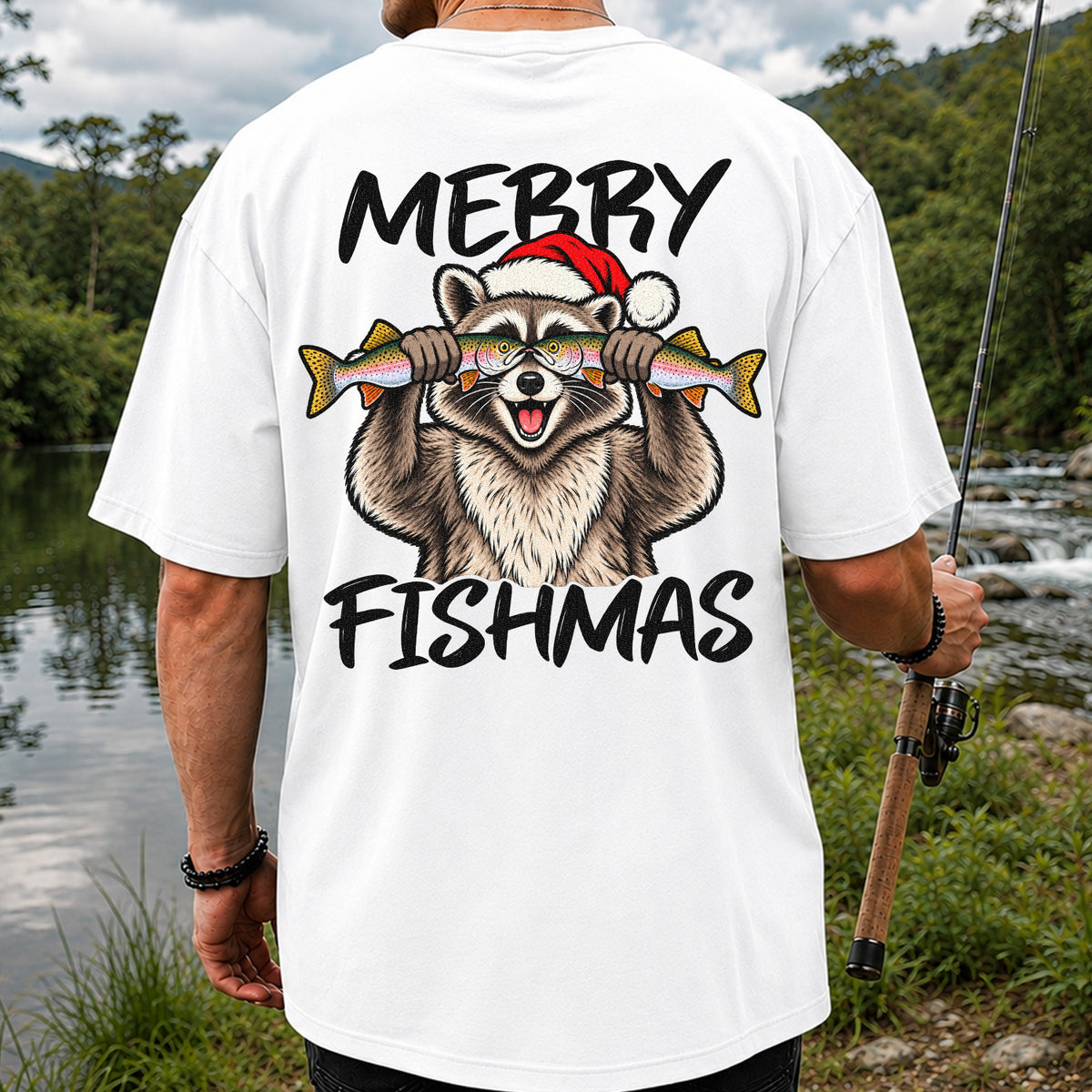Merry Fishmas Raccoon Rainbow Trout Christmas Fishing T-Shirt | Back Print
