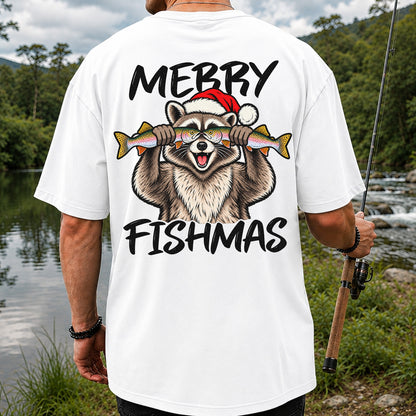 Merry Fishmas Raccoon Rainbow Trout Christmas Fishing T-Shirt | Back Print
