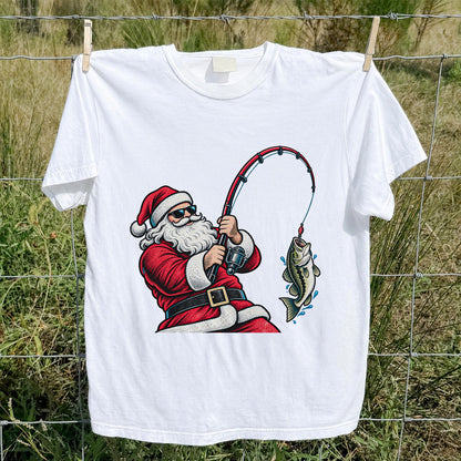 Santa Claus Catching a Bass Christmas Fishing Graphic T-Shirt