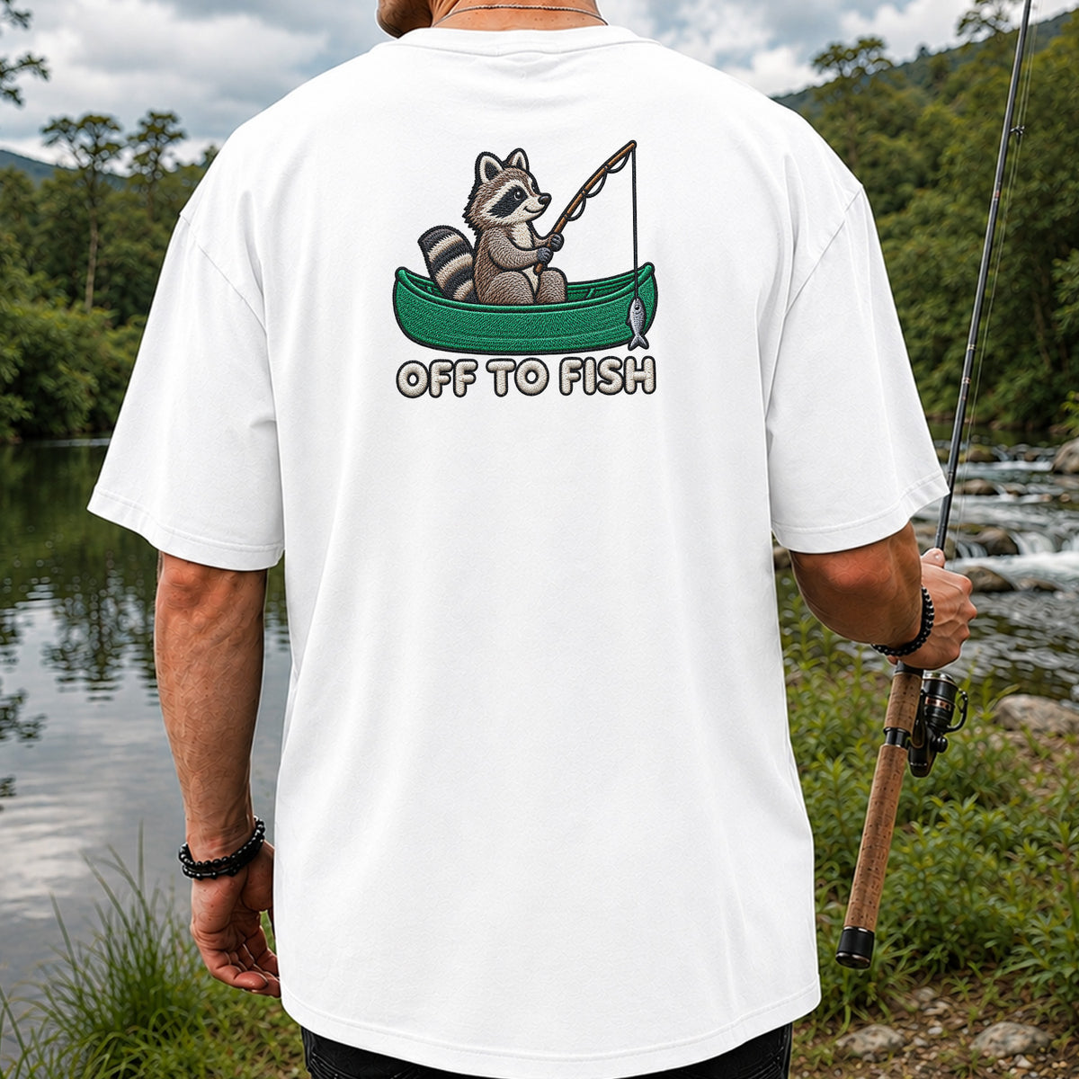 Off to Fish Raccoon in a Canoe Funny Fishing Graphic T-Shirt | Back Print