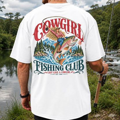 Cowgirl Riding Trout Fishing Club Graphic T-Shirt | Back Print