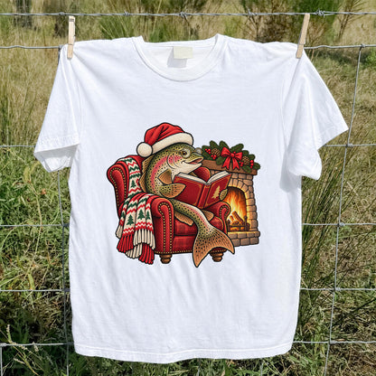 Christmas Trout Reading by the Fireplace Fishing T-Shirt
