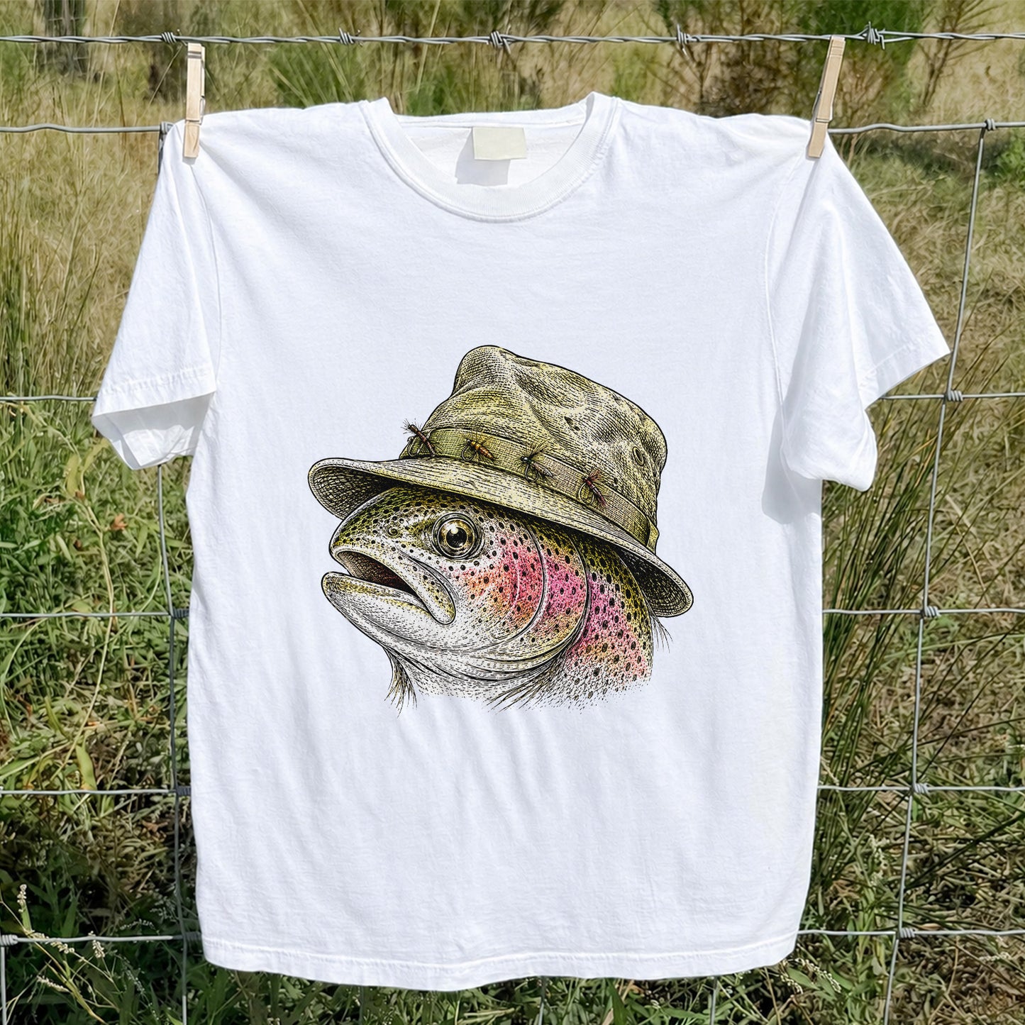 Rainbow Trout Wearing Fishing Hat Graphic T-Shirt