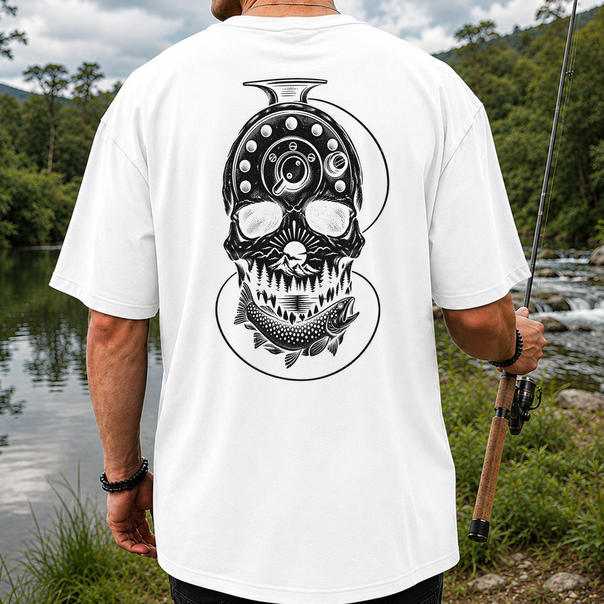 Trout and Fly Fishing Reel Skull Mountain Graphic T-Shirt | Back Print