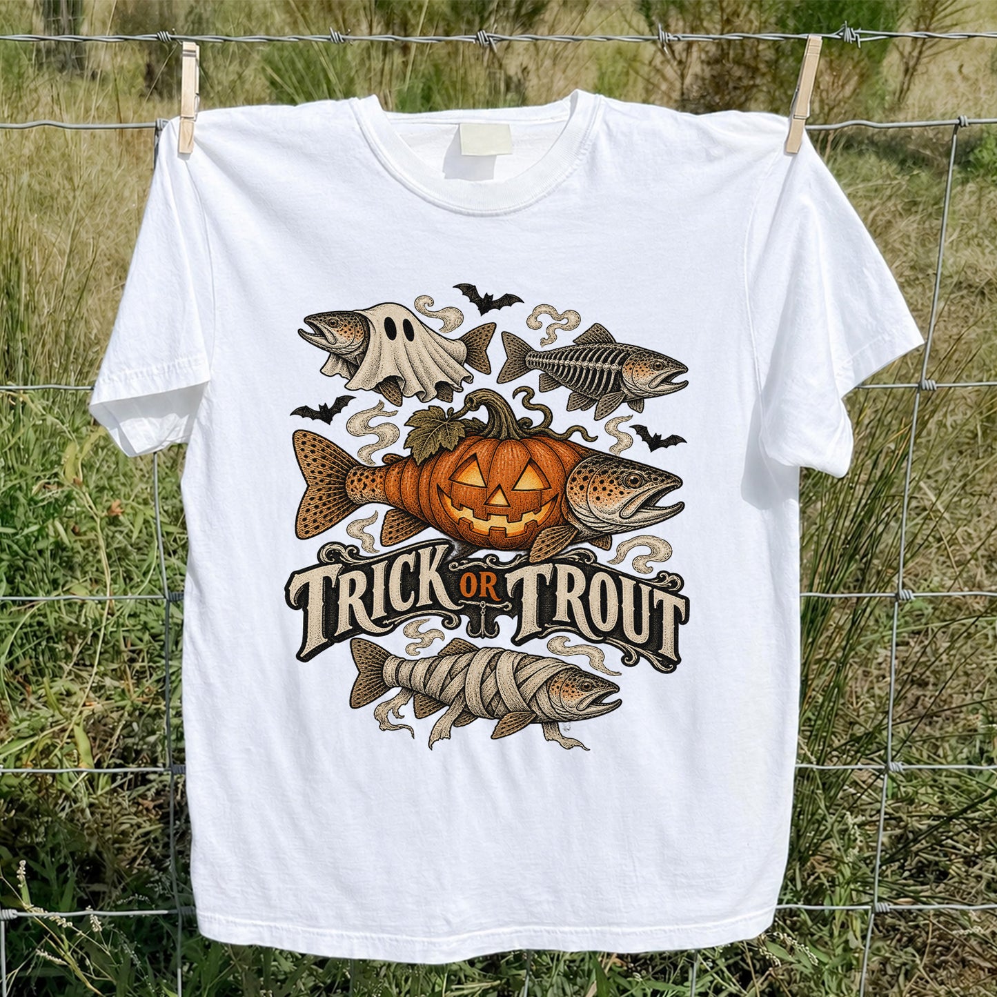 Trick or Trout Spooky Fish Halloween Graphic T-Shirt