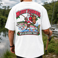 Merry Fishmas Santa Riding a Wild Rainbow Trout Christmas Fishing T-Shirt | Back Print