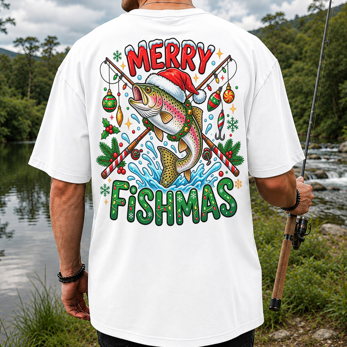 Merry Fishmas Santa Trout Christmas Fishing Graphic T-Shirt | Back Print