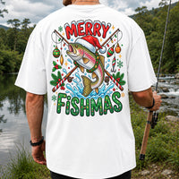 Merry Fishmas Santa Trout Christmas Fishing Graphic T-Shirt | Back Print