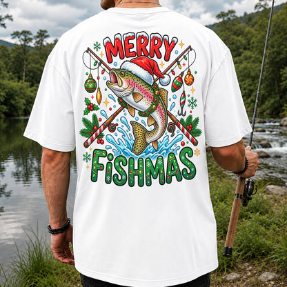 Merry Fishmas Santa Trout Christmas Fishing Graphic T-Shirt | Back Print