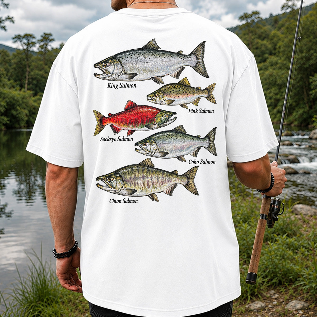 King Pink Sockeye Coho and Chum Salmon Fishing Graphic T-Shirt | Back Print