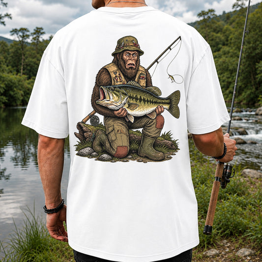 Bigfoot Angler Holding Largemouth Bass Fishing Graphic T-Shirt | Back Print