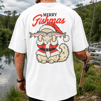 Santa Cat Holding Trout Merry Christmas Fishing T-Shirt | Back Print
