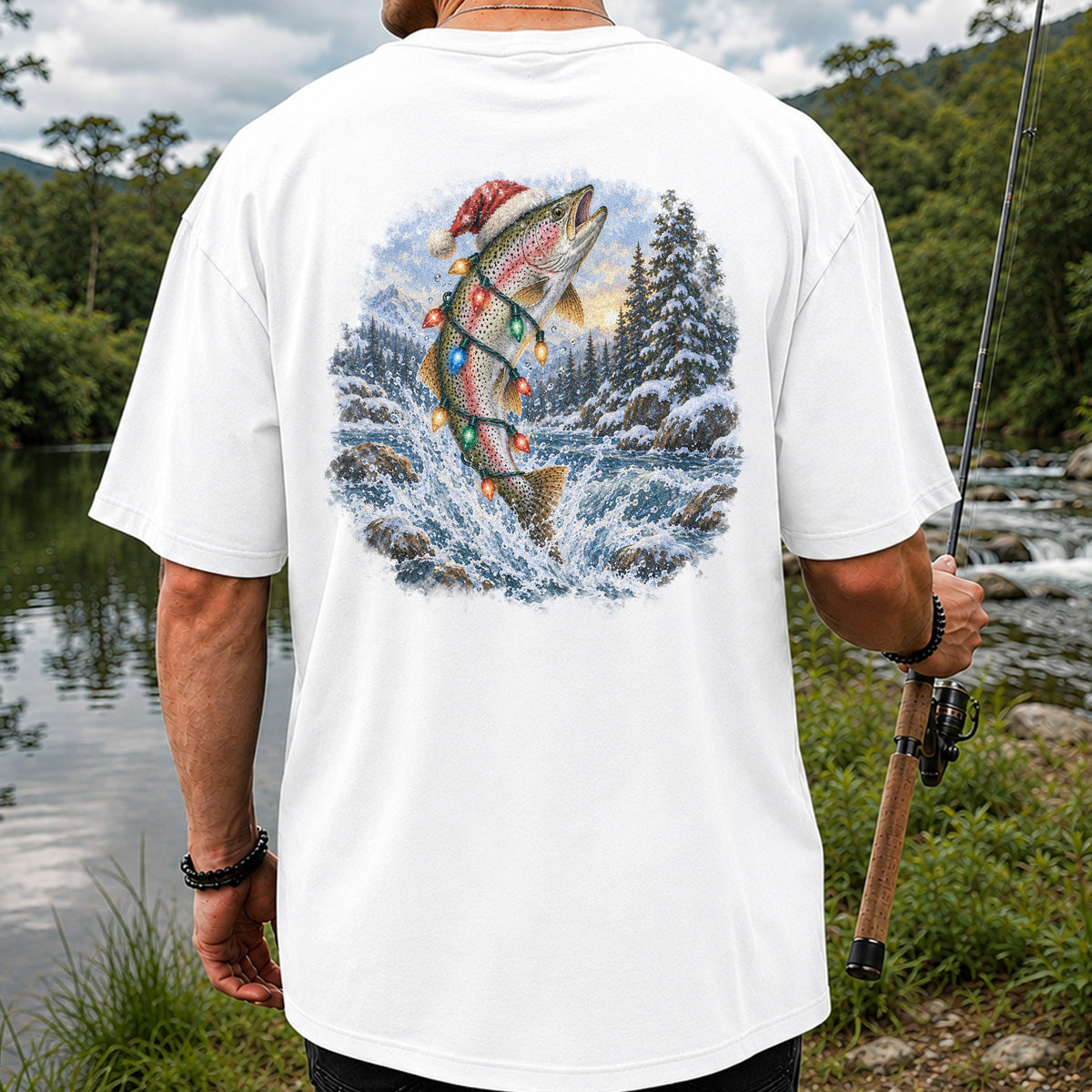 Santa Rainbow Trout with Christmas Lights Fishing T-Shirt | Back Print