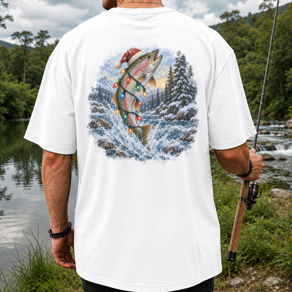 Santa Rainbow Trout with Christmas Lights Fishing T-Shirt | Back Print