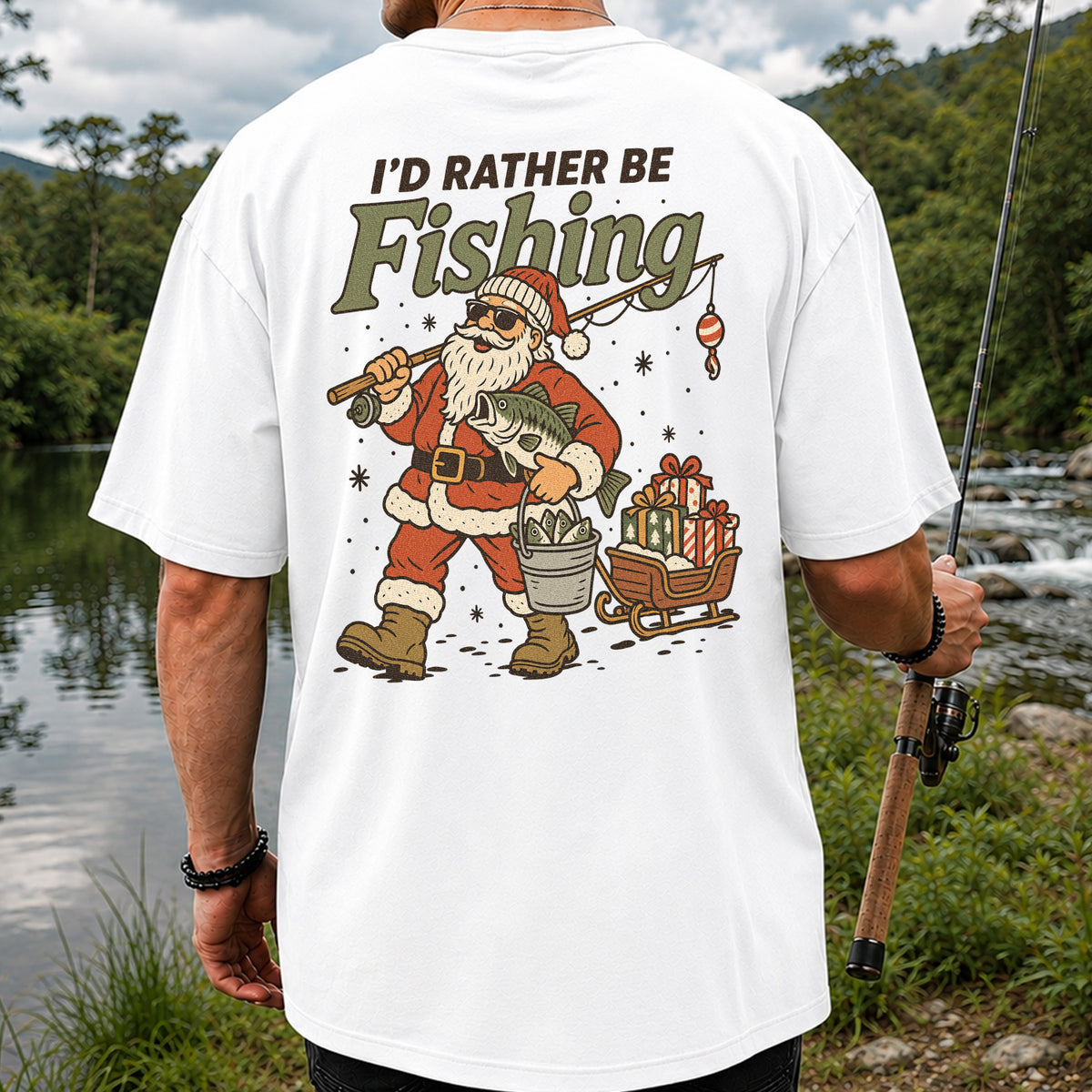 Santa Claus Fishing with Bass Christmas T-Shirt | Back Print