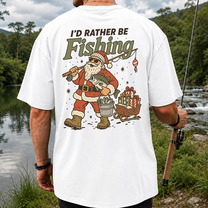 Santa Claus Fishing with Bass Christmas T-Shirt | Back Print