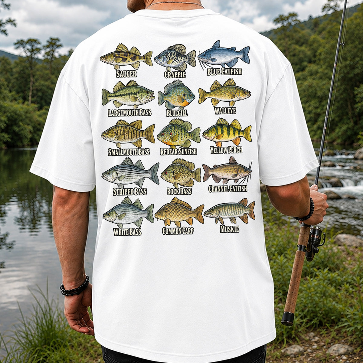 Bass Crappie and Catfish Freshwater Fish Chart Graphic T-Shirt | Back Print